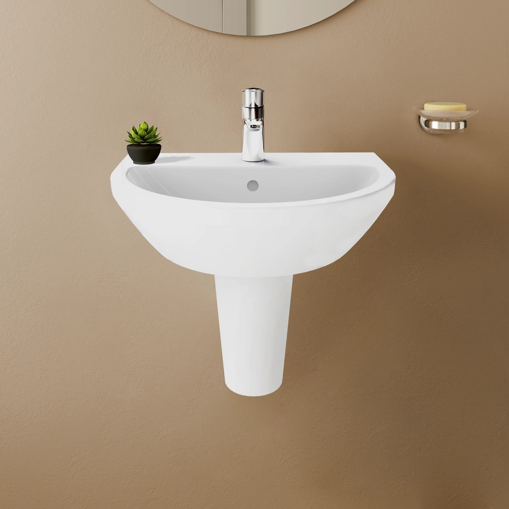 VitrA Integra Round 450mm x 360mm Semi Pedestal Basin Front View Lifestyle